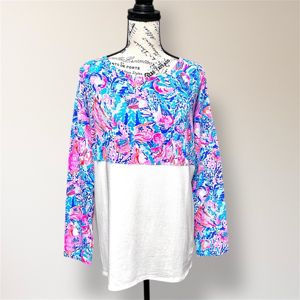 Lilly Pulitzer L Blue Treasure Trove‎ Finn Top Long Sleeve Resort Beach Vacation